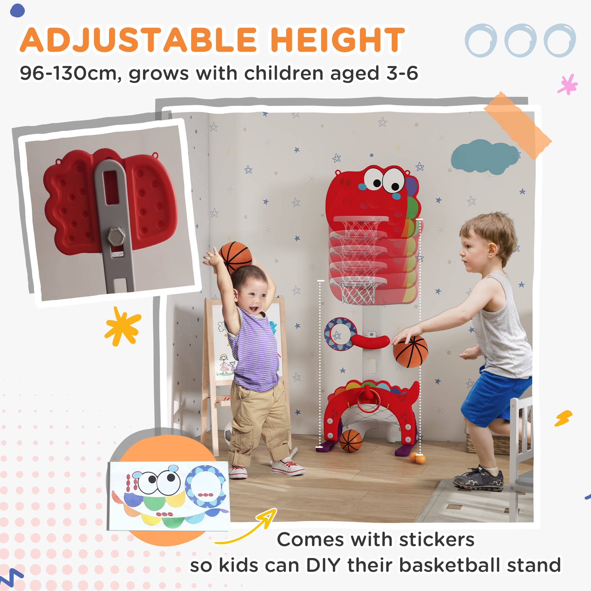 Adjustable Height 4.4-5 ft Kids Basketball Hoop, 5 in 1 Design, for Indoor Use, Red