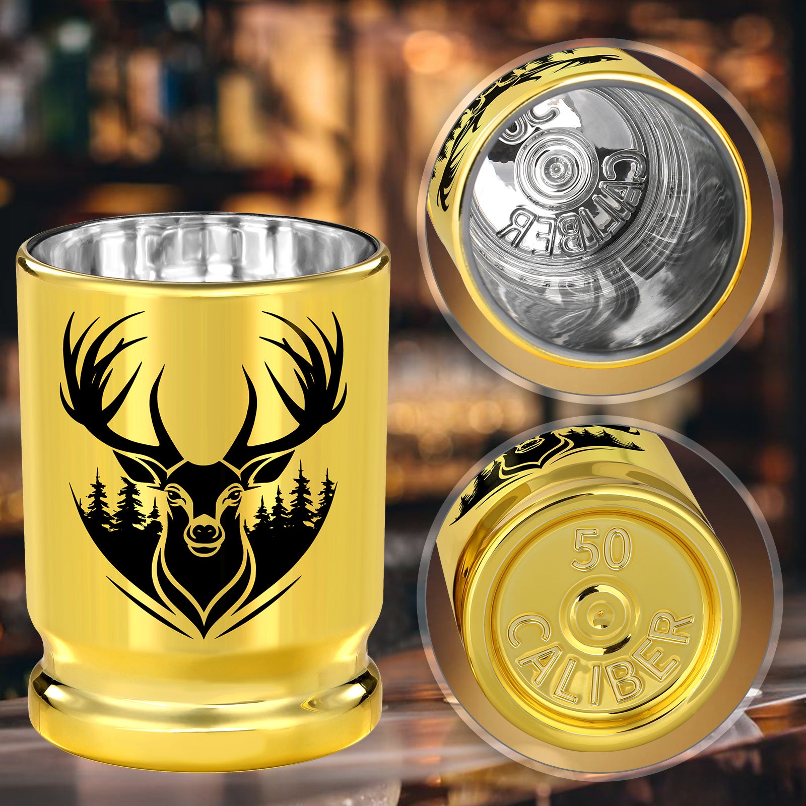 2pcs 50 Caliber Deer Head Golden Plastic Wine Glasses With Gift Box - Leak Proof, Reusable - Stylish Animal Print Design, Suitable For Whiskey, Tequila, Etc