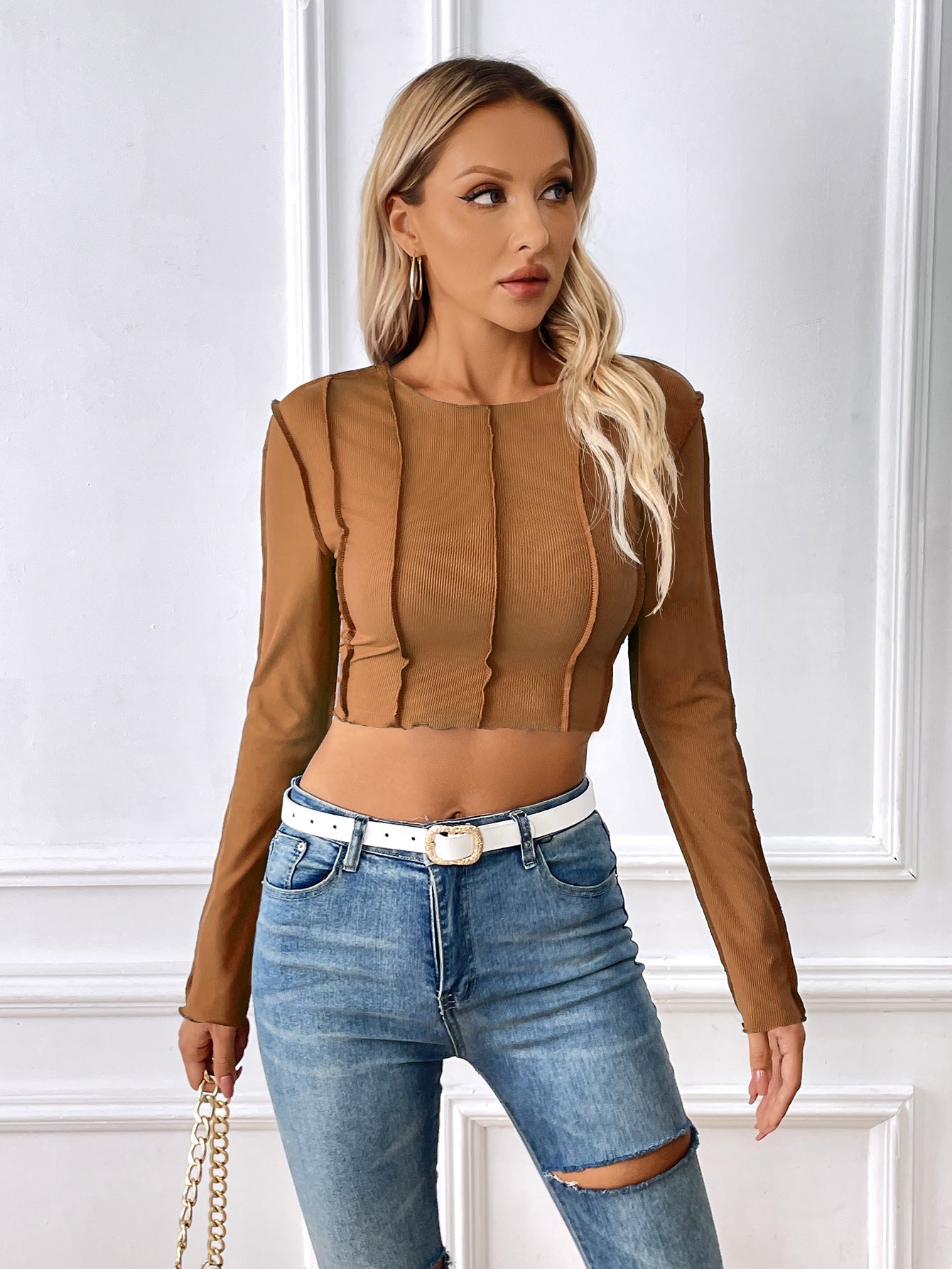 New Slim Long Sleeve T-Shirt With Exposed Stitching Design Y2K Fashion Sexy Navel-Exposed Short Top Womens Clothing