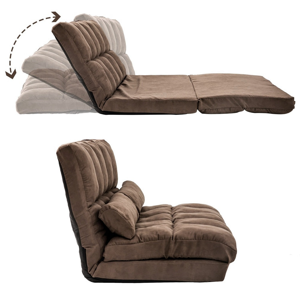 Double Chaise Lounge Sofa Chair Floor Couch with Two Pillows (Brown)