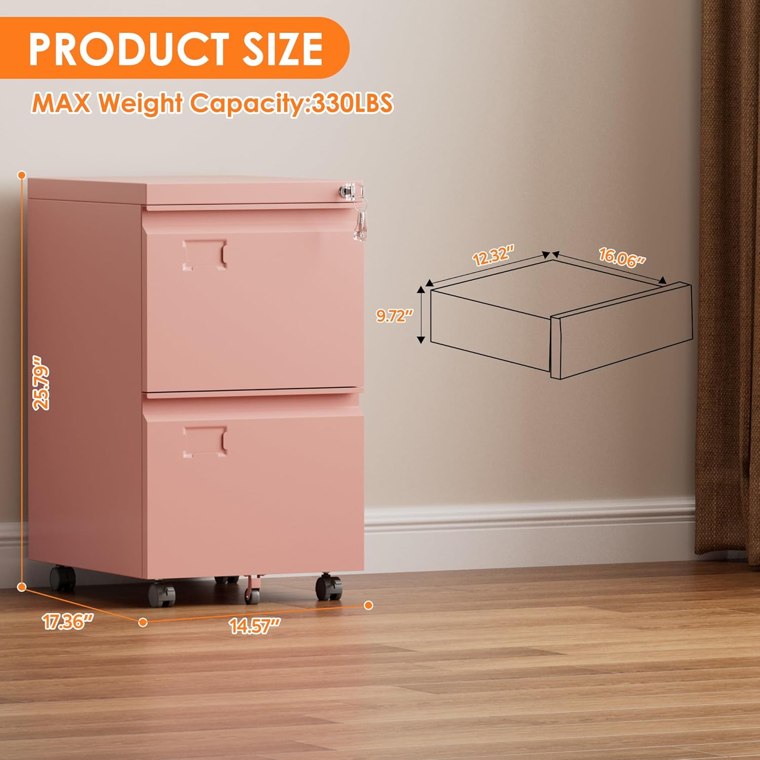 2 Drawer Mobile File Cabinet With Lock, Under Desk Metal Filing Cabinet For Office, Home,Vertical Cabinet Legal Letter Size, Need To Assembled