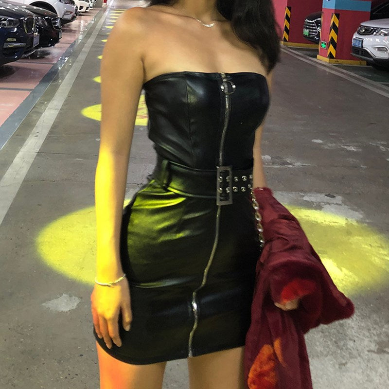 Women's Autumn Wind A Word Shoulder PU Women Dress