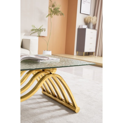 47 Rectangle Modern Stainless Steel Coffee Table, Water Ripple Tempered Glass Coffee Table, Center Table, For Living Room Home Office, Easy Assembly, Gold