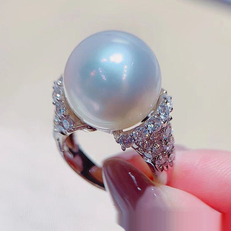 Large Pearl Full Diamond Luxury Inlaid Zircon Light Luxury Closed Pearl Ring