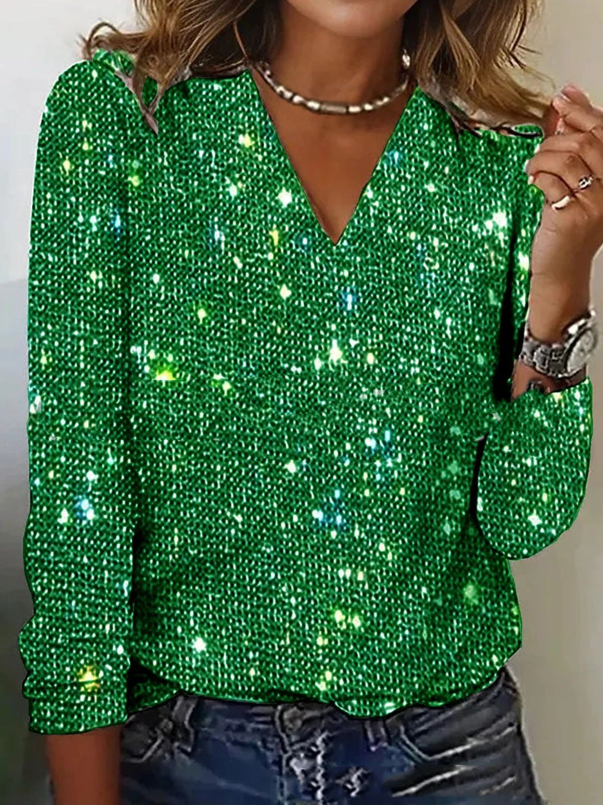Women's Pure Color Sequins Long-Sleeved T-shirt