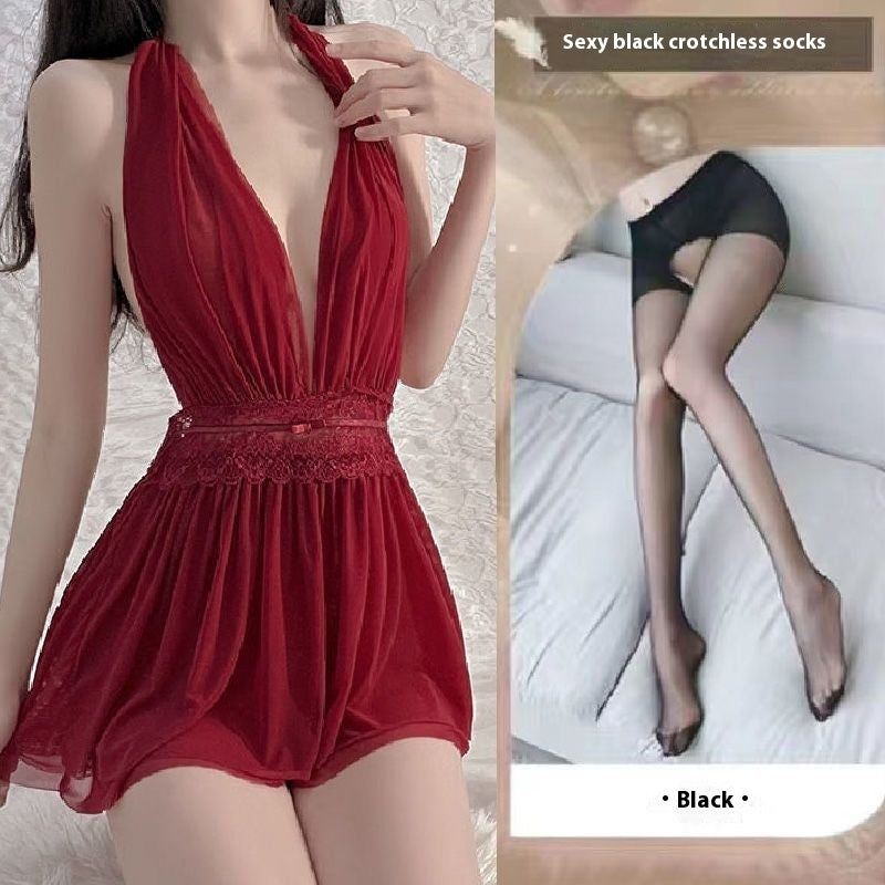 French Mesh Backless Halter Sexy And Breathable Nightdress For Women