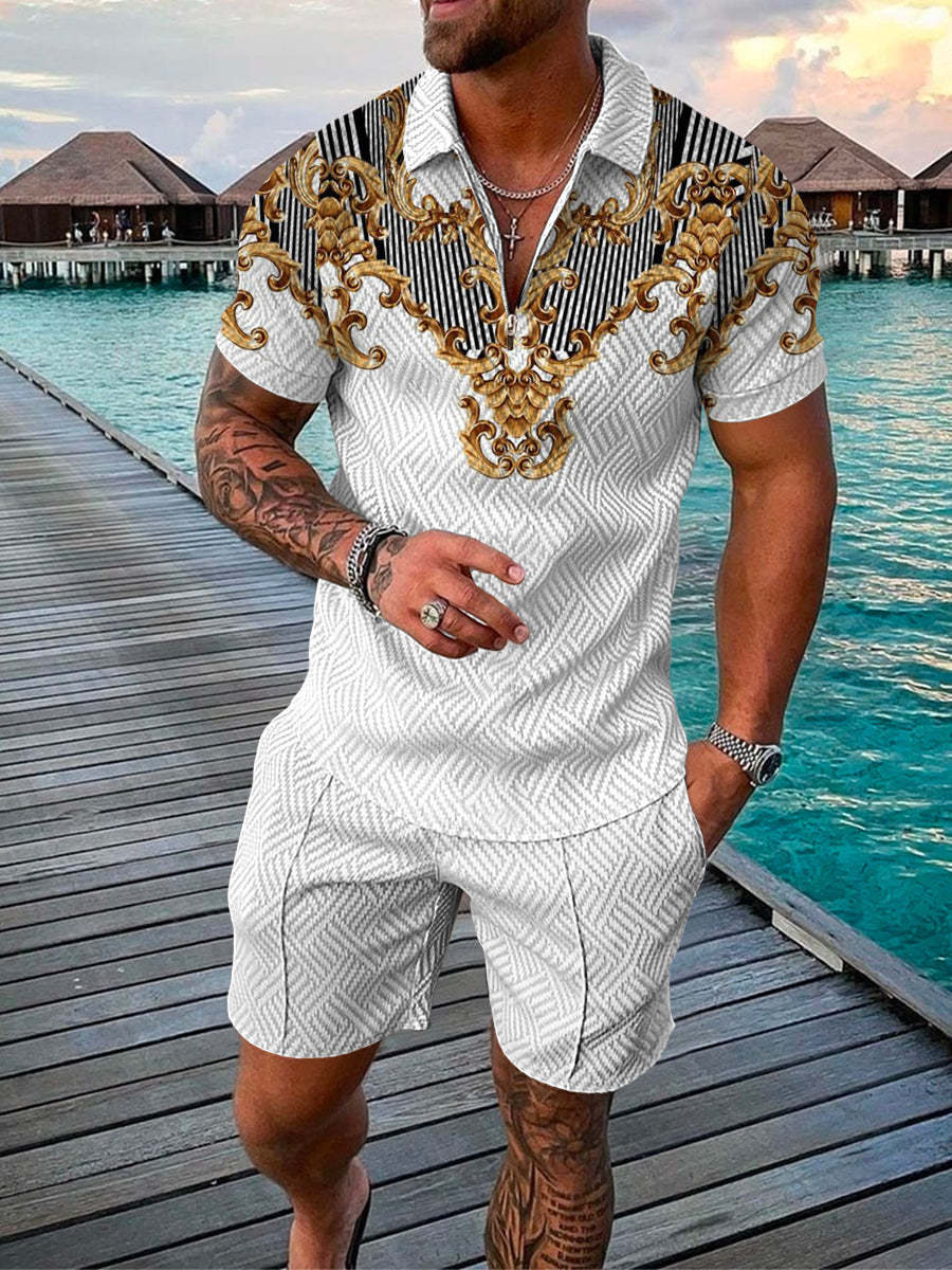 Men's Summer Fashion 3D Printed Short Sleeve Geometric Zip Lapel Shirt Set
