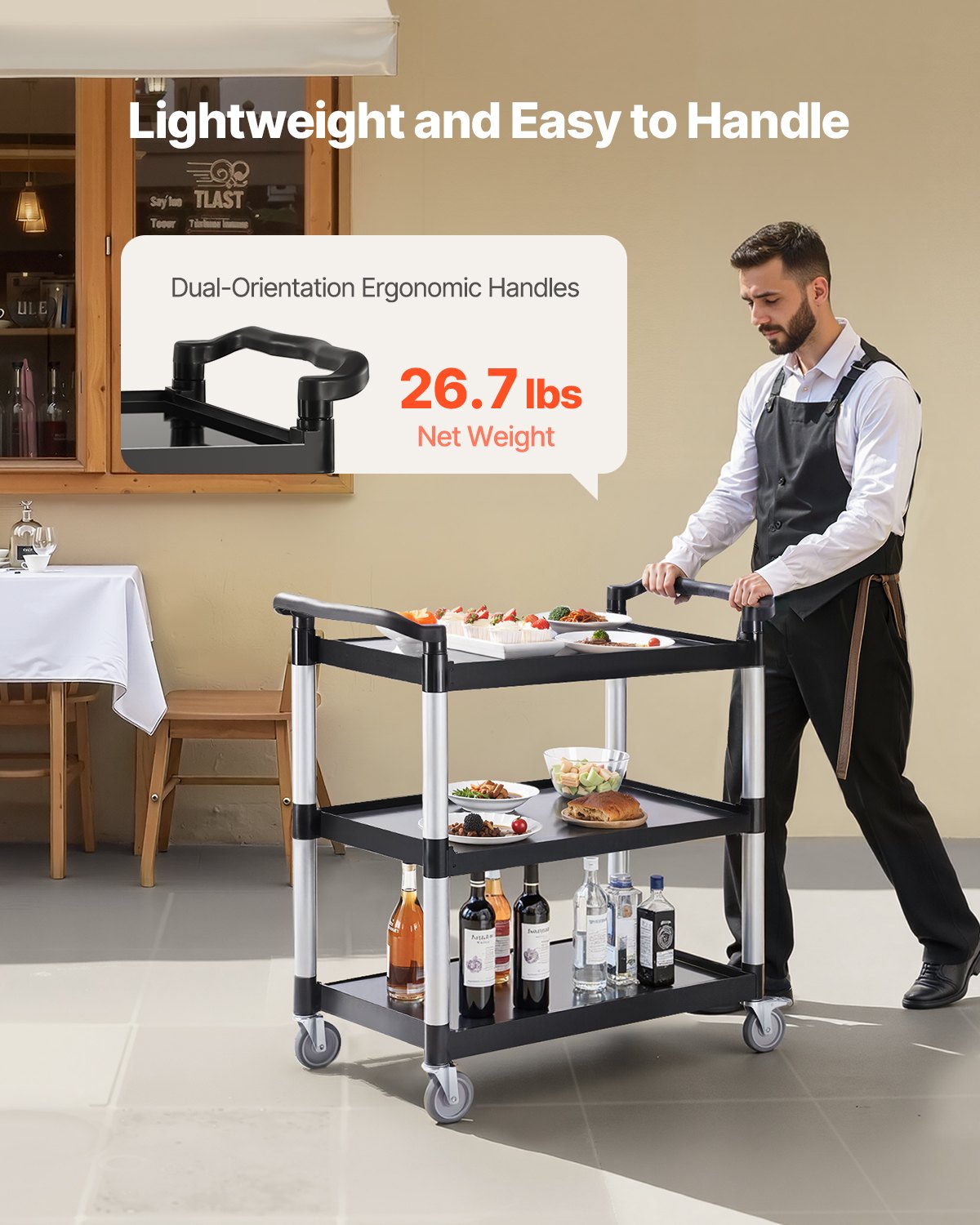 Heavy Duty Utility Cart 500 Lbs Capacity 3-Tier Service Cart With Wheels