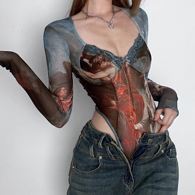 Stitching Mesh See-through Long-Sleeved Jumpsuit