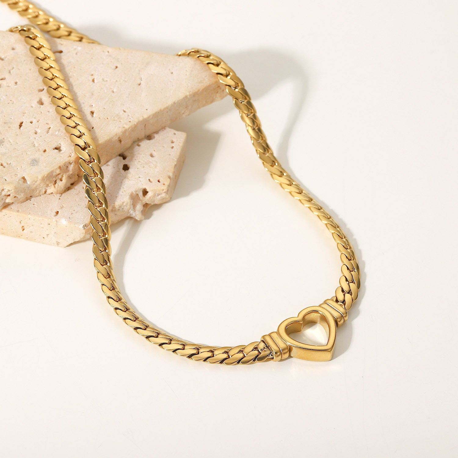 Stainless Steel Cuban Chain Heart Necklace 14K