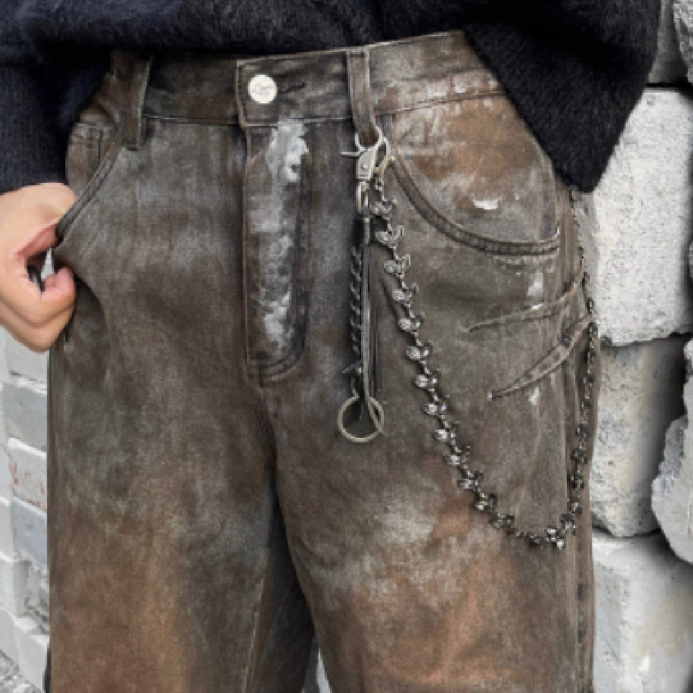 Black Vine Silver Gem Phants Zipper Men's Denim Waist Chain