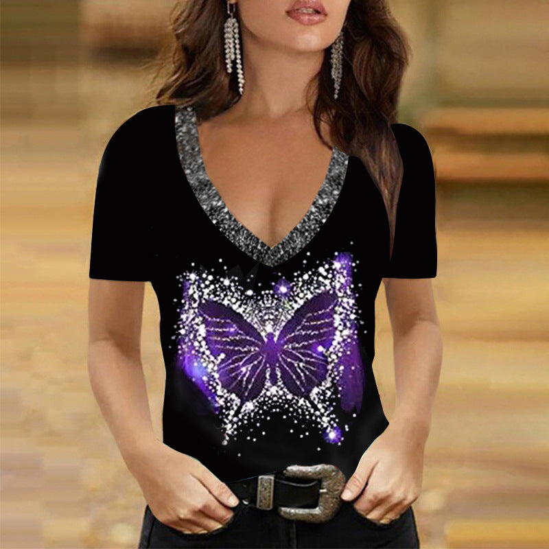 Printed V Neck Short Sleeve Top Summer