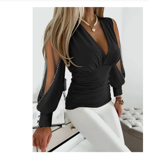 Women's Long Sleeve V-Neck Lace Stitching Shirt