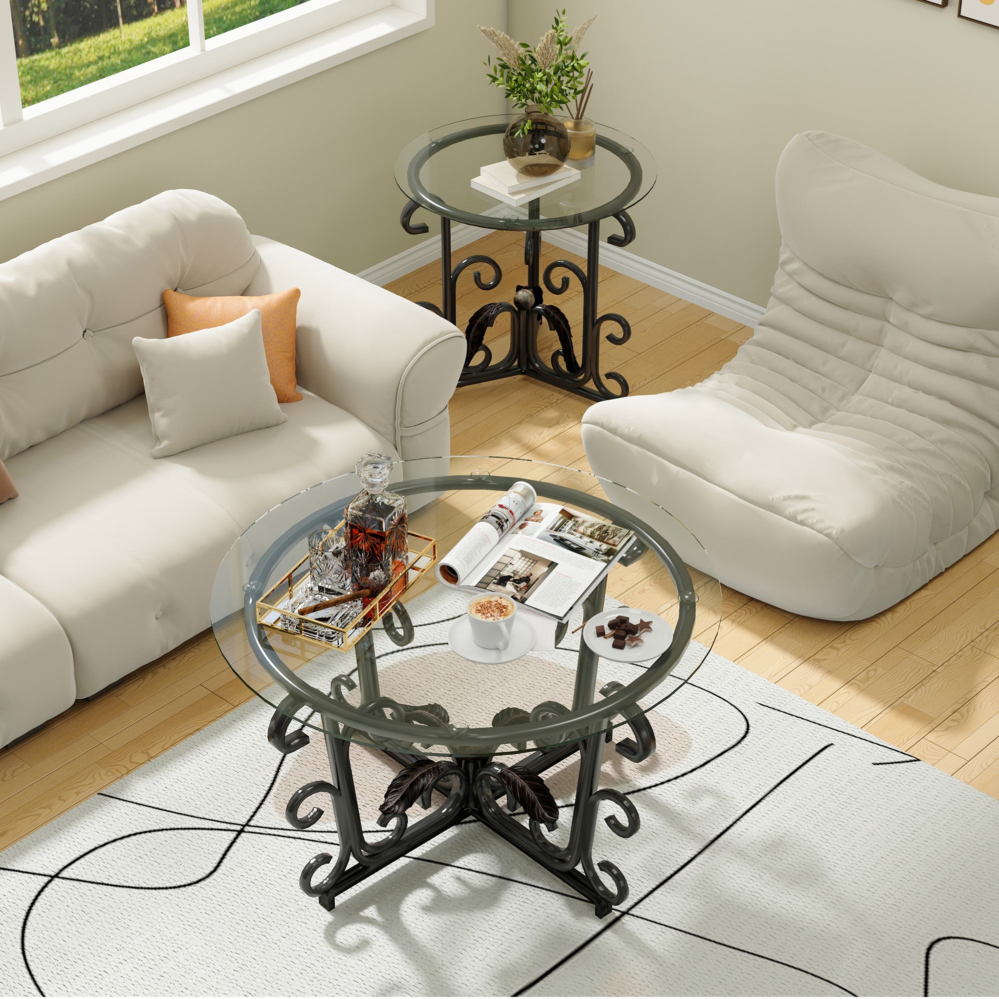 3-Piece Coffee Table Set, Tempered Glass Surface With Sturdy Metal Frame Modern Living Room Sets 1 Coffee Table & 2 End Tables