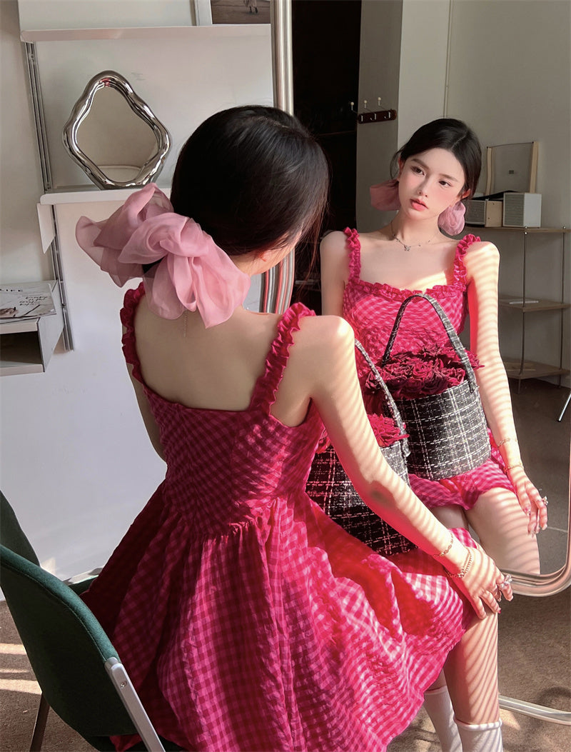 Women's Summer Plaid Fungus Suspender Dress