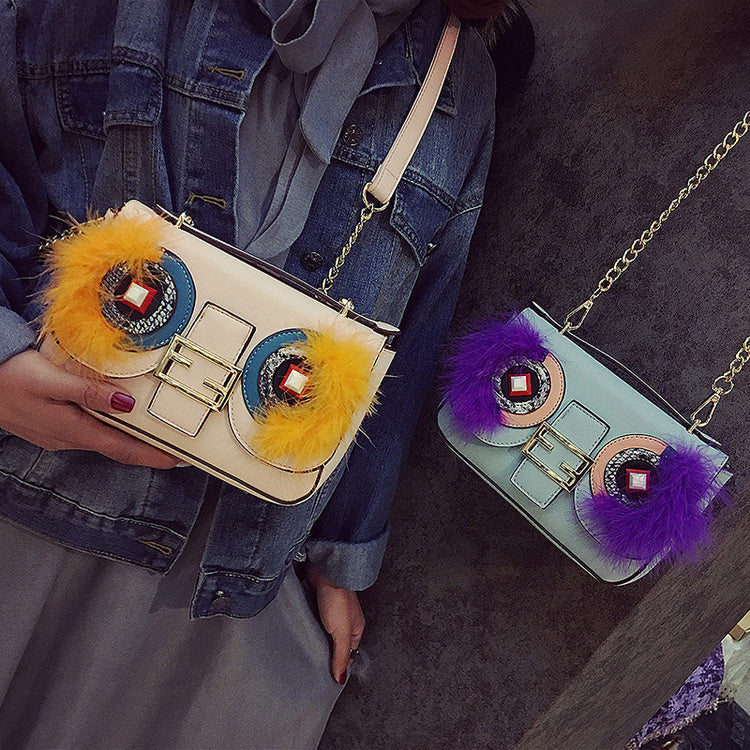 Spring New Ladies Bag Fashion Trend Bag Cartoon Contrast Color Lock with Cover Bag Shoulder Oblique Bag