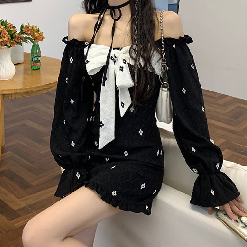 One-Shoulder Bowknot Design High-Waist Chiffon Pullover Long-sleeved A-Line Skirt