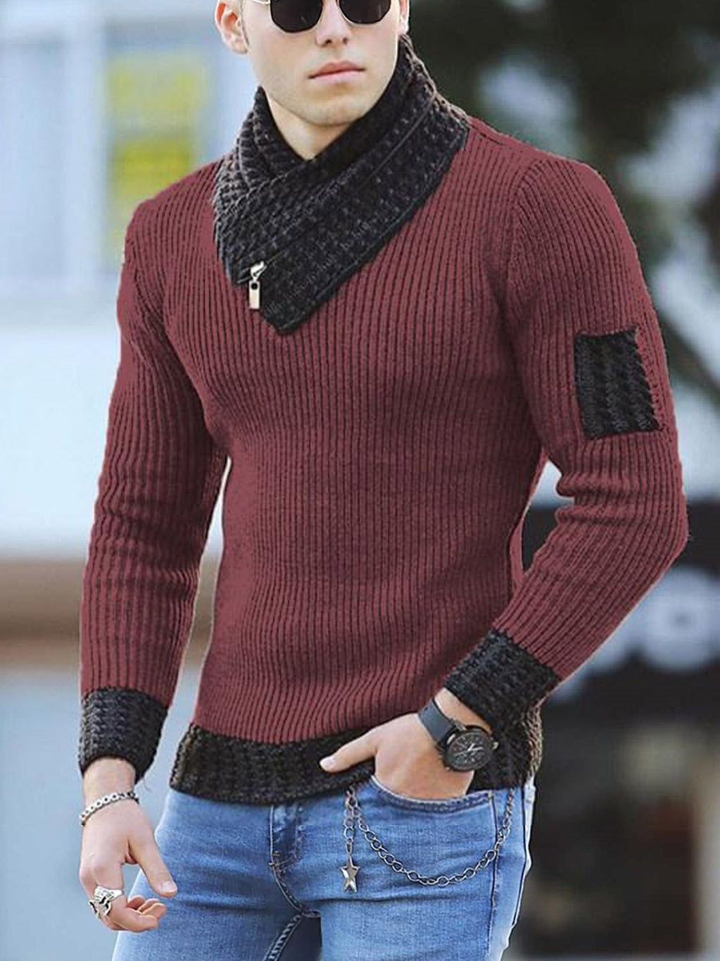 Independent Station Casual Slim Knit Pullover Long-Sleeved Scarf Collar Sweater Men's