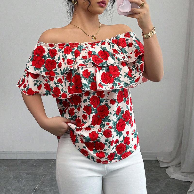 Off-Shoulder Short-Sleeved Shirt Double-Layer Ruffled Women's Clothing