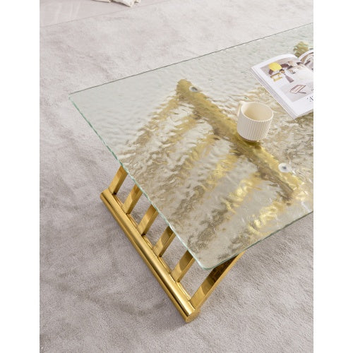 47 Rectangle Modern Stainless Steel Coffee Table, Water Ripple Tempered Glass Coffee Table, Center Table, For Living Room Home Office, Easy Assembly, Gold