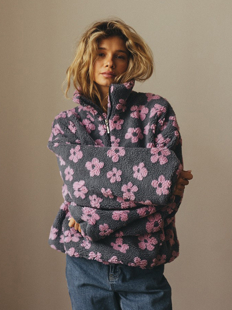 Winter Flowers Lambskin Sweatshirt With Big Pocket Casual Loose Zip-up Lapel Pullover Top Women's Clothing