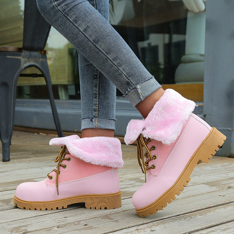 European and American Round Toe Lace Low Heel Snow Boots