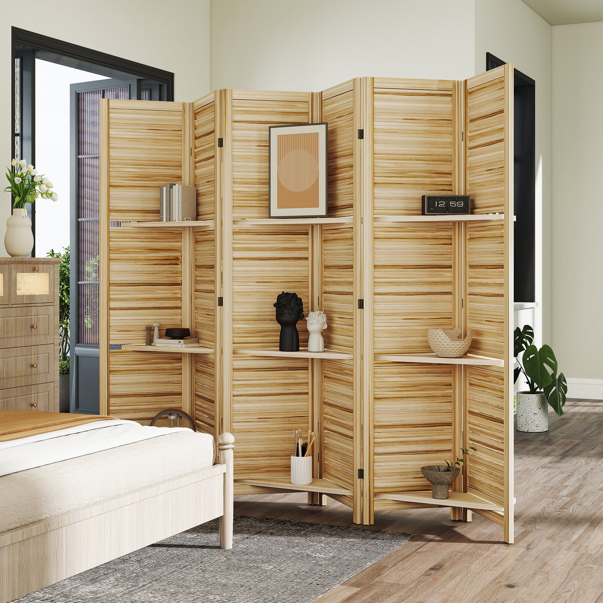 6 Panel 67" Tall Wood Privacy Screen Room Divider with 3 Shelves and Folding Storage for Bedroom, Natural Wood