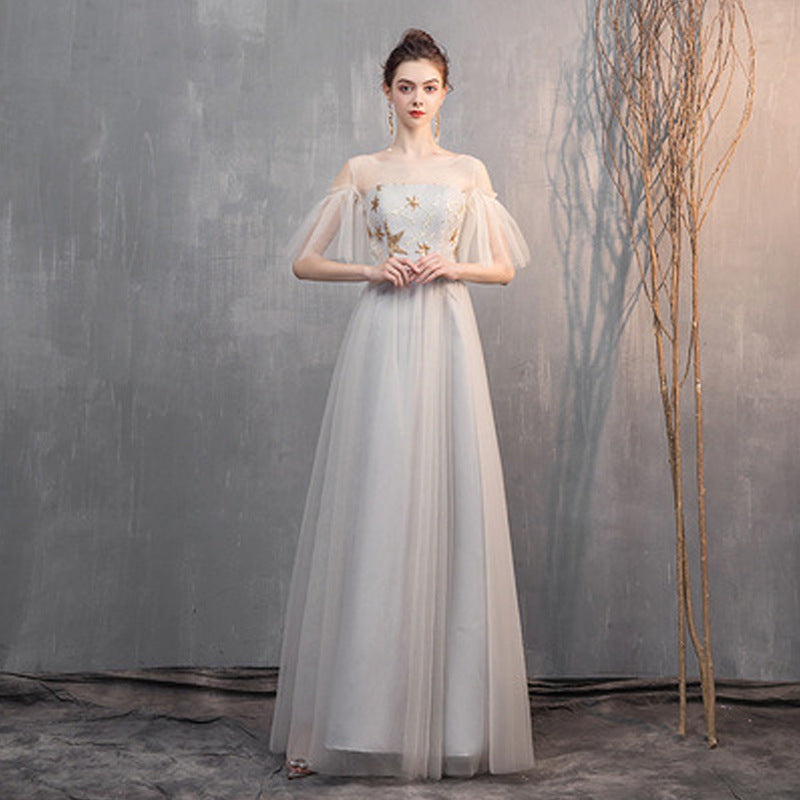 Champagne Gray Off-Shoulder Slim-Fit Bridesmaid Dress
