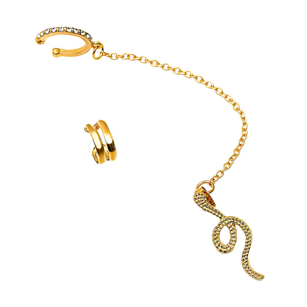 Snake-Shaped Chain Ear Clip Net Red Full Diamond Animal Earrings Female