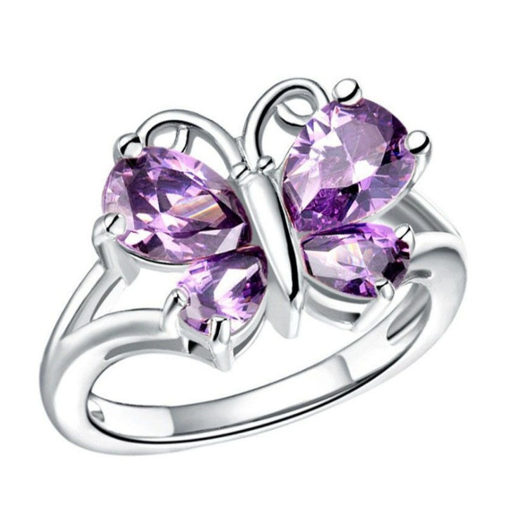 Domineering Butterfly Ring Color Crystal Butterfly Silver Ring