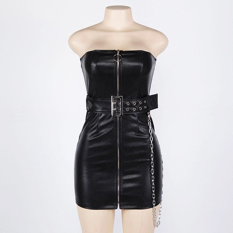Women's Autumn Wind A Word Shoulder PU Women Dress