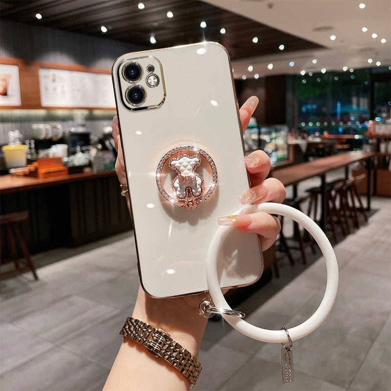 Electroplated Rhinestone Round Bracket Bear Cute High-level Luxury Protective Cover All-Inclusive Anti-Fall Soft Shell