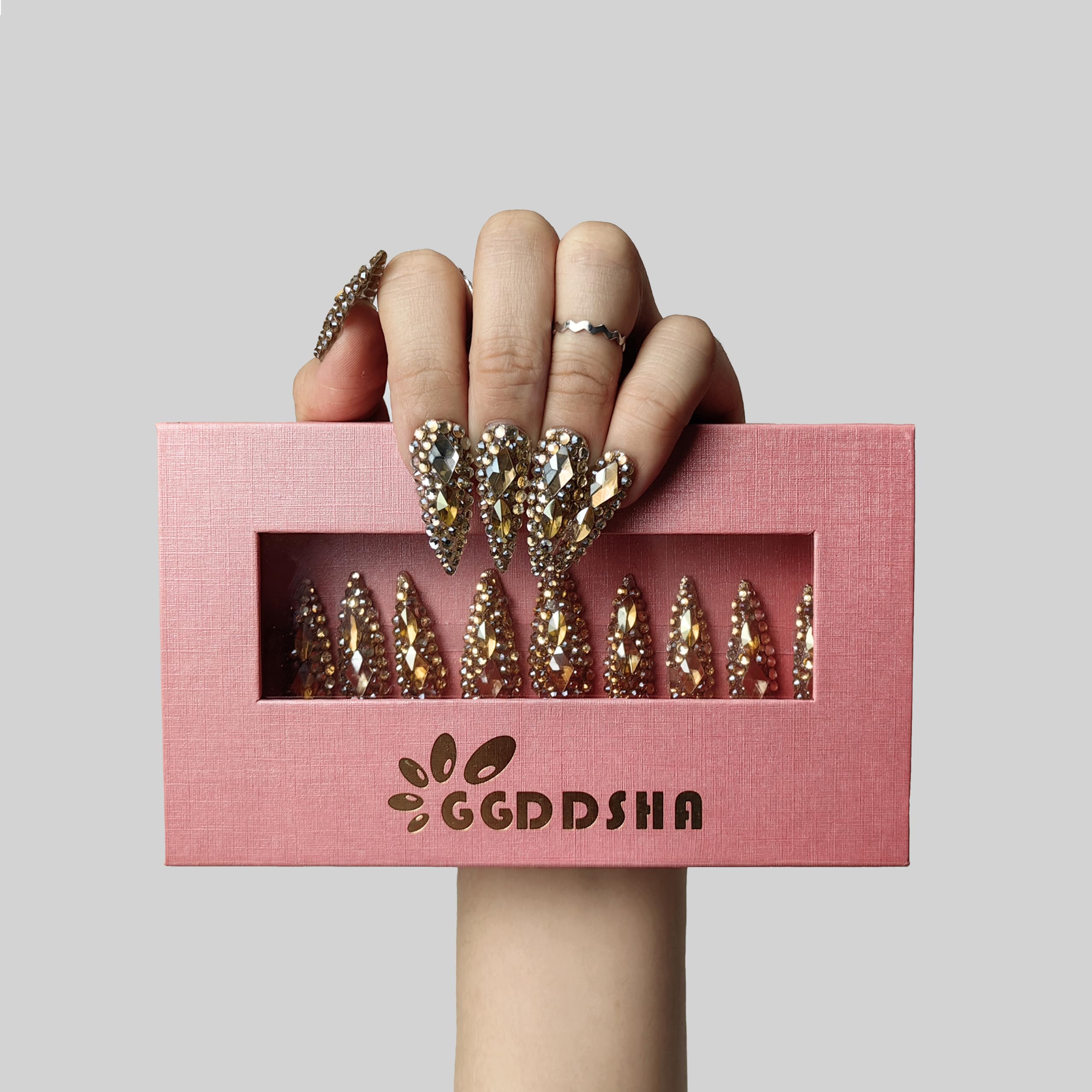 GGddsha Full Diamond Medium Almond Press On NailsReusable PMMA Acrylic Handmade Nails Full Deluxe 3DCrystal Fake Nails W Box Gift For Women,Crown Jewel