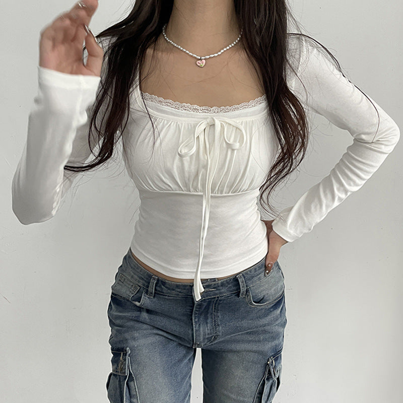 Lace Edge Stitching Fake Two-Piece Long-Sleeved T-Shirt Slim Pleated Lace-Up Short Top