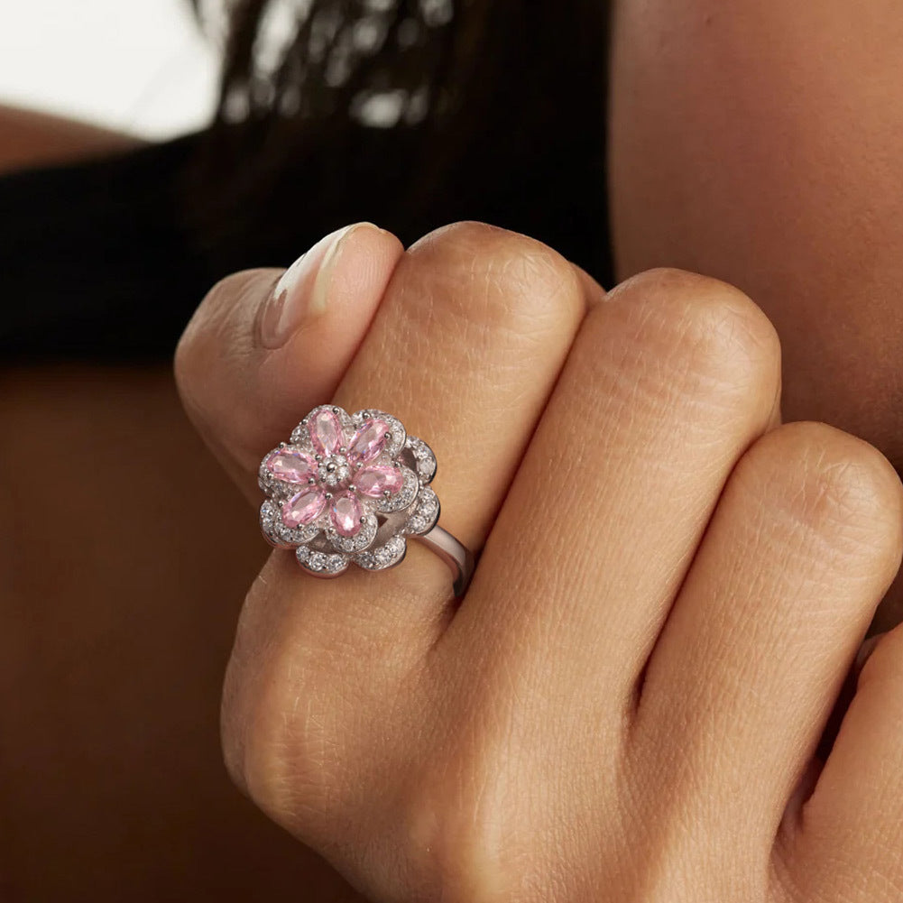 Pink Flower Zircon Light Luxury European And American Entry Lux Diamond Ring