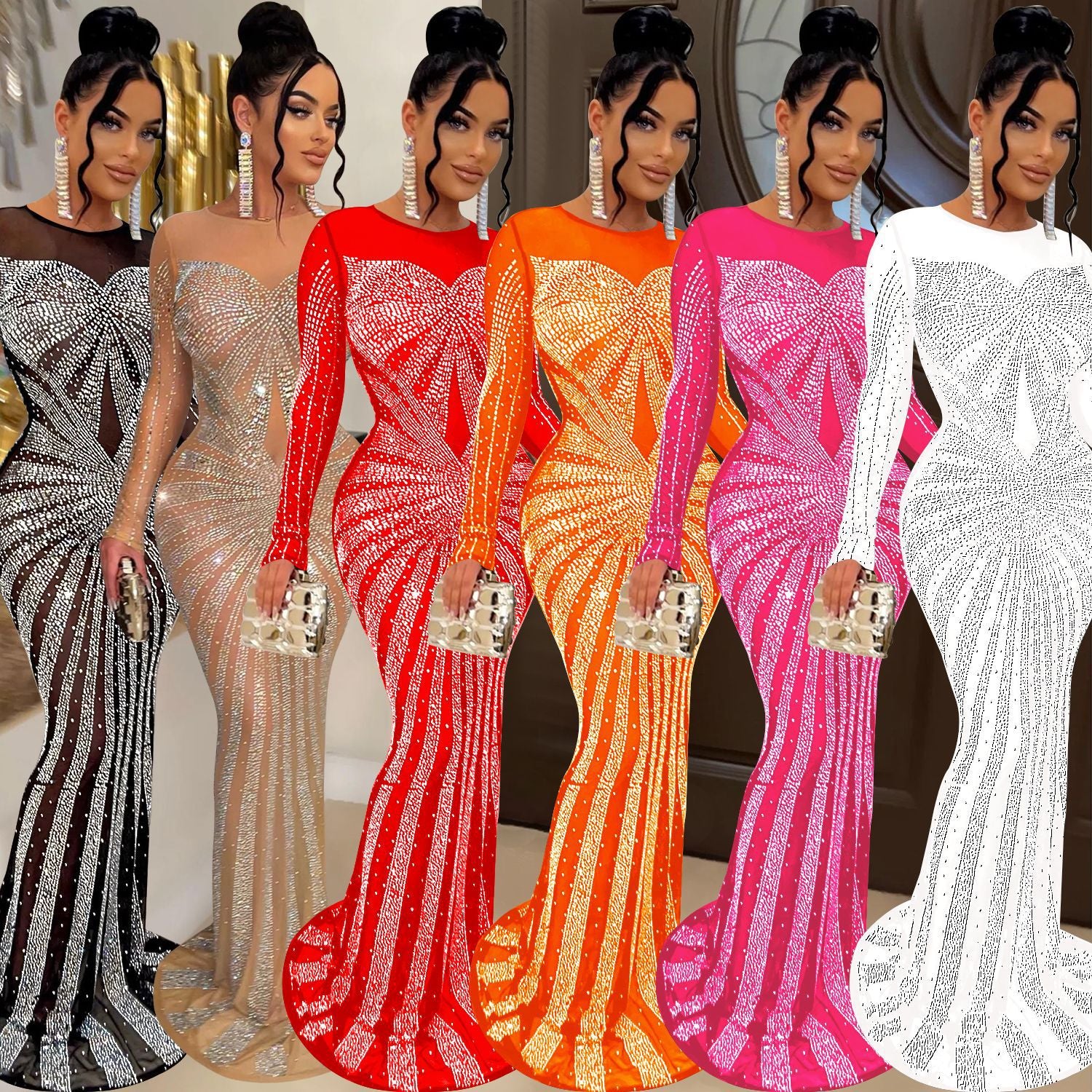 Women's Solid Color Mesh See-through Hot Drill Long-Sleeved Long Dress
