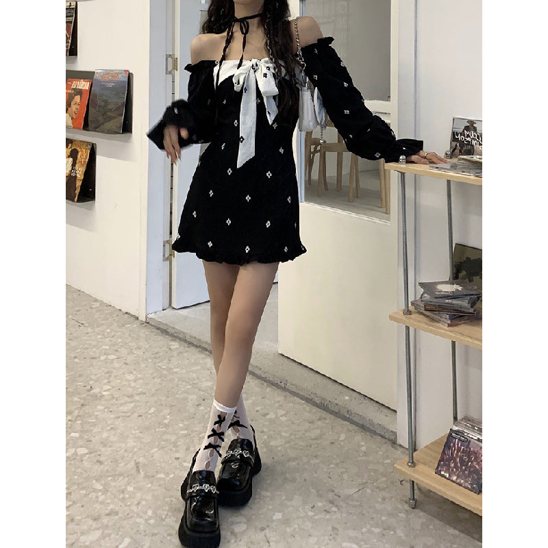 One-Shoulder Bowknot Design High-Waist Chiffon Pullover Long-sleeved A-Line Skirt