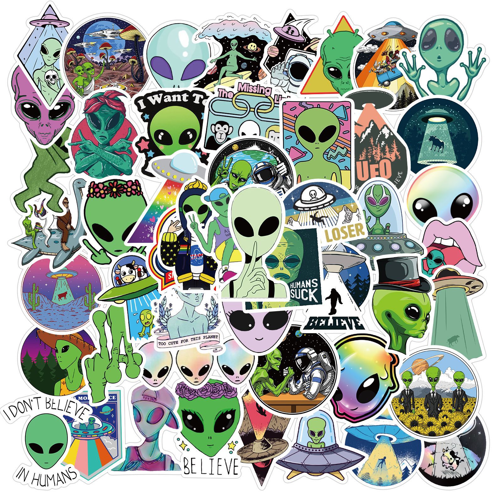 50 New Alien E.T UFO Graffiti Stickers Luggage Laptop Waterproof Without Leaving Glue Stickers