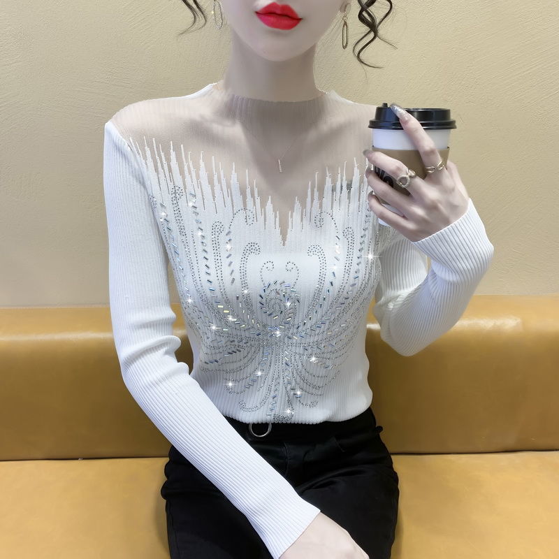 Women's Stitching Mesh Hollow Diamond All-Matching Long Sleeve Top