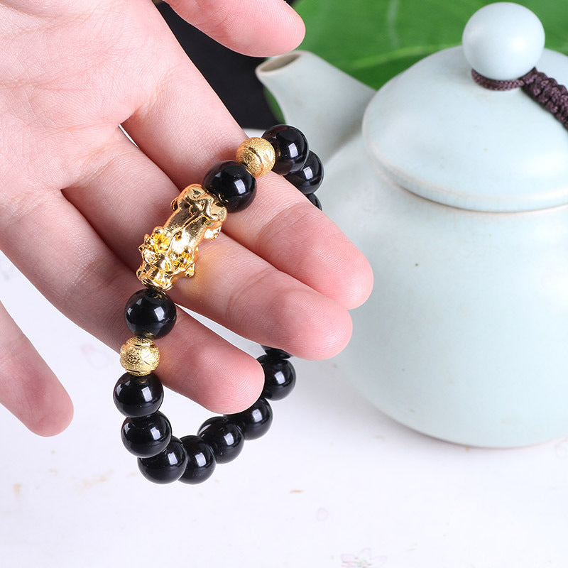 Obsidian 18K Gold Bracelet Six Brave Words On Hand and Little Pearl Transport Gifts Wholesale
