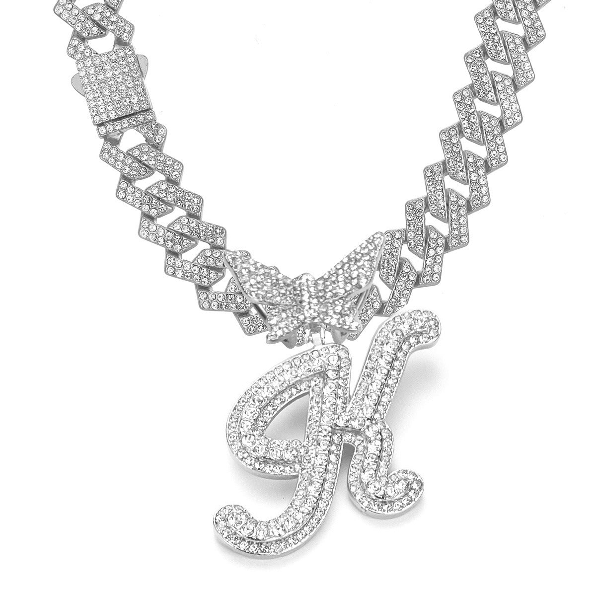 English Letter Alloy Rhinestone Pendant Necklace Butterfly