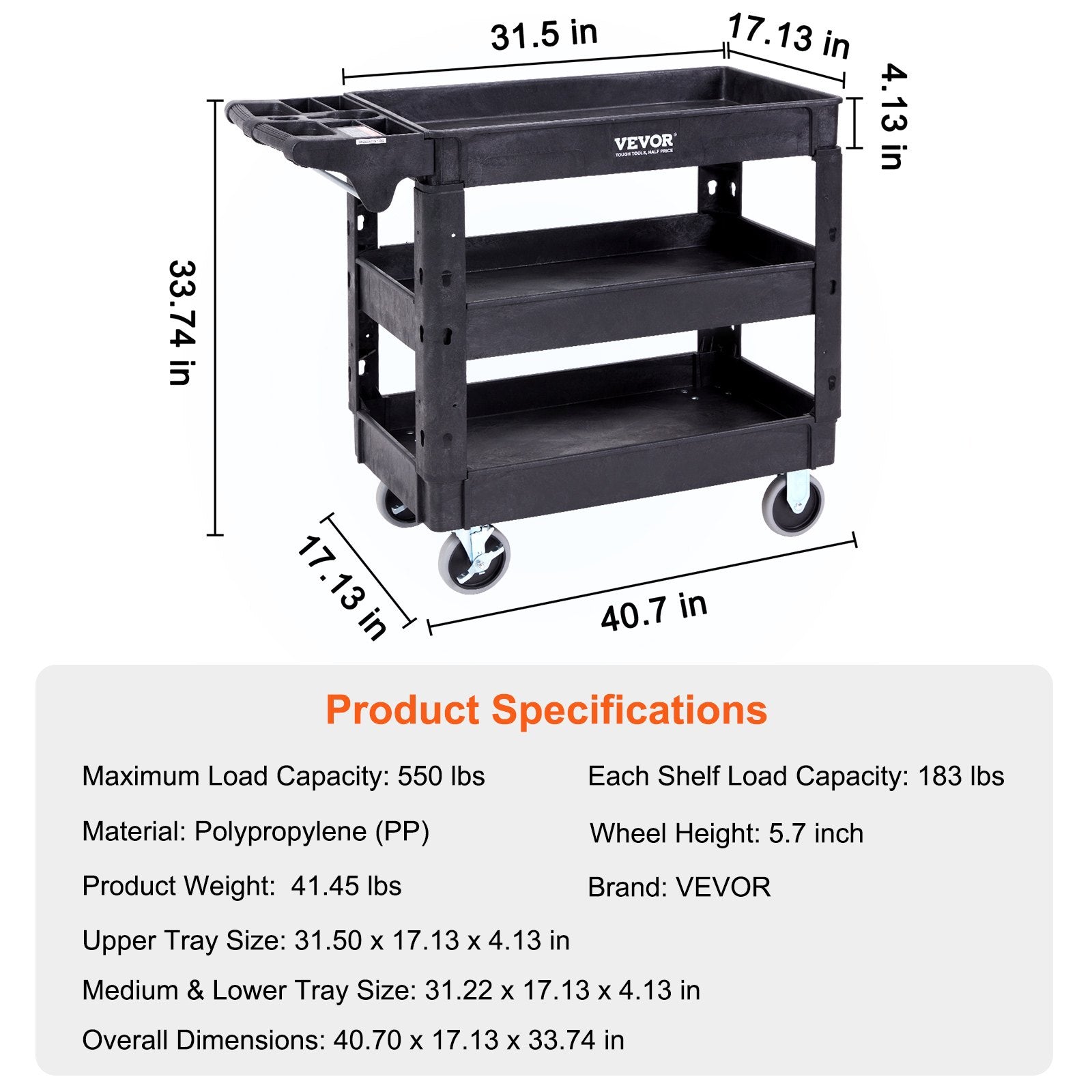 Utility Service Cart, 3 Shelf 550LBS Heavy Duty Plastic Rolling Utility Cart With 360 Swivel Wheels