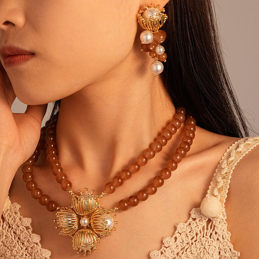 Vintage Artificial Glass Beaded Double-Layer Necklace Earrings