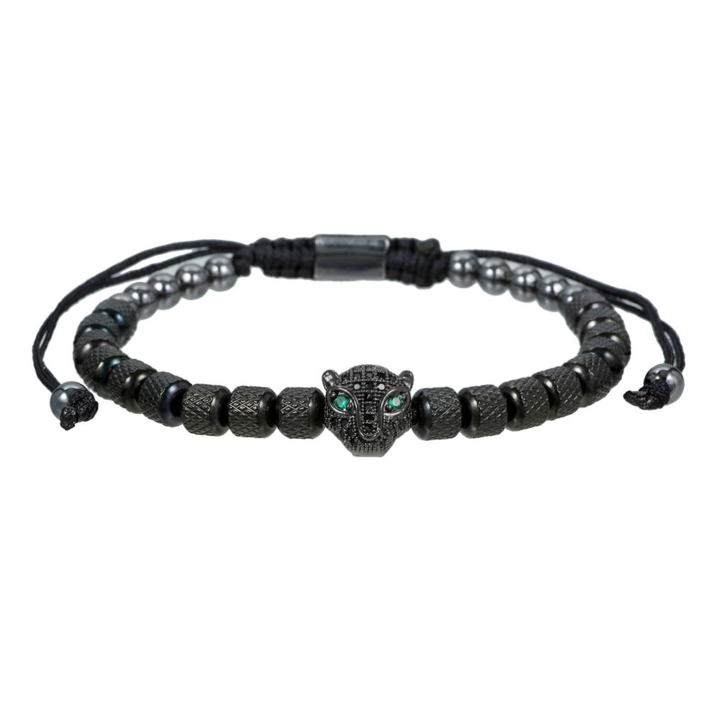Zircon Leopard Head Stainless Steel Pineapple Bead Bracelet