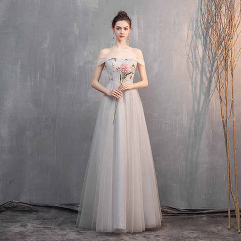 Champagne Gray Off-Shoulder Slim-Fit Bridesmaid Dress