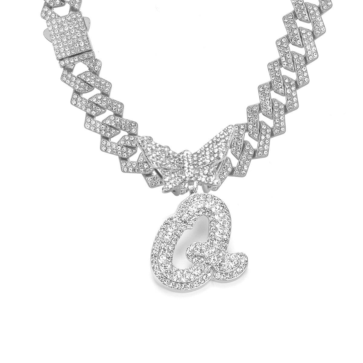 English Letter Alloy Rhinestone Pendant Necklace Butterfly
