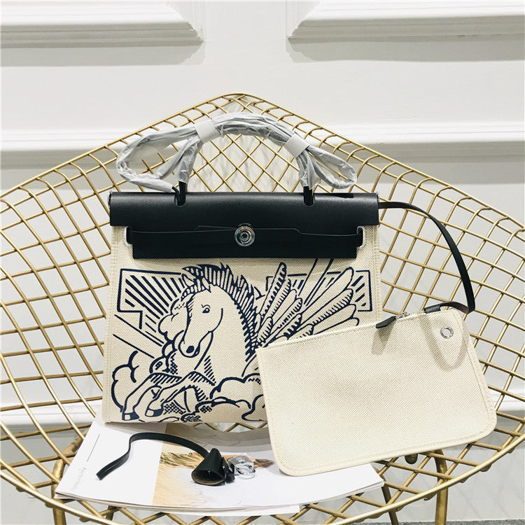 Classic Kelly Canvas With Leather Shoulder Diagonal Hand-Held Pegasus Graffiti Fashion Leather Handbags
