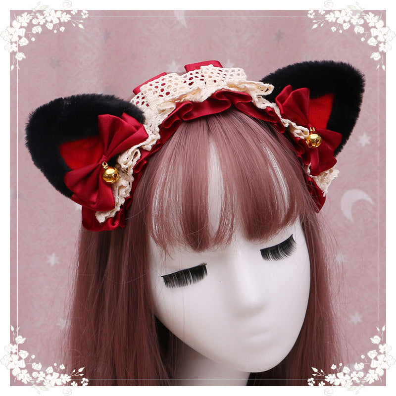 A Lovely Japanese Lolita Hairdress, Catwoman Plush Lolita Headdress, Lace Cat Ear Hair Band