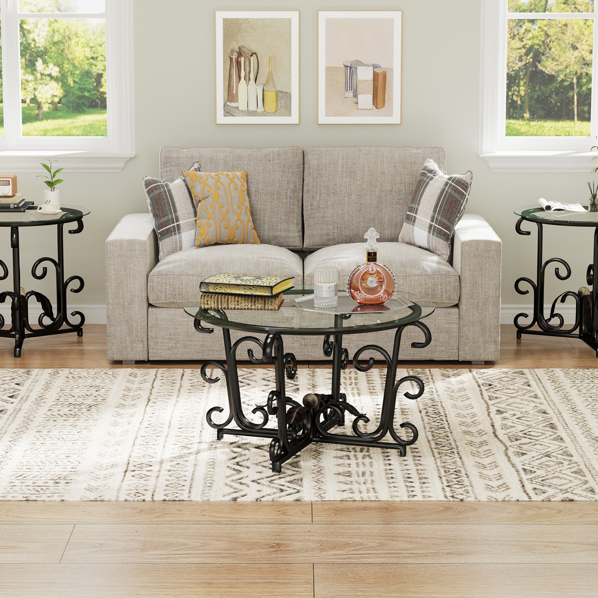 3-Piece Coffee Table Set, Tempered Glass Surface With Sturdy Metal Frame Modern Living Room Sets 1 Coffee Table & 2 End Tables