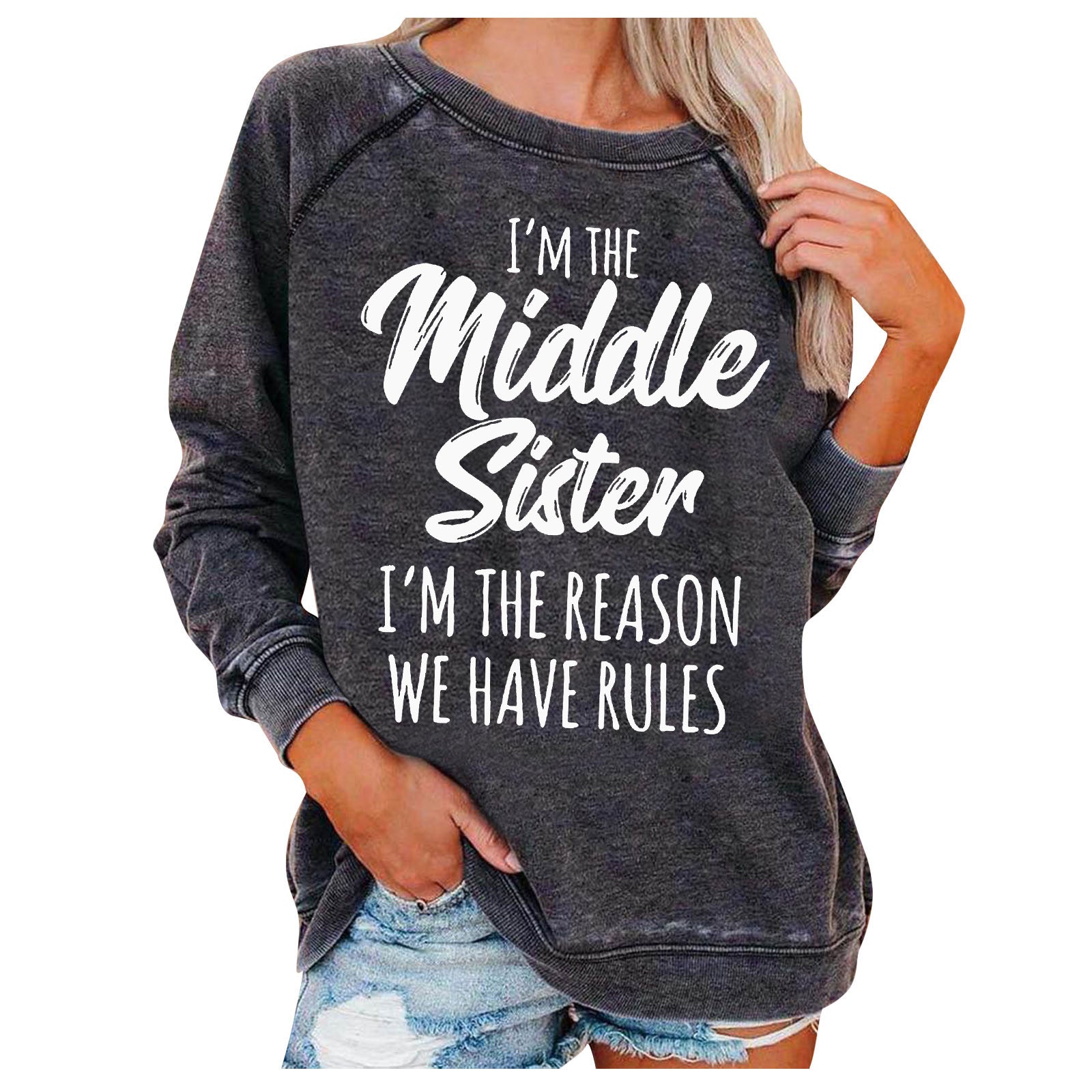 I'm The Middle Sister Printed Round Neck Sweater For Women